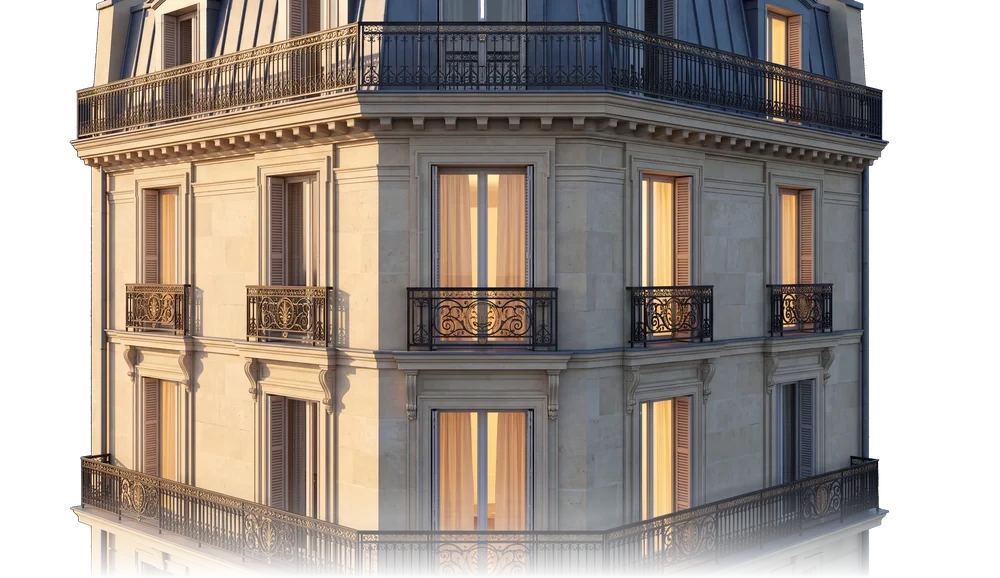 Angle d'immeuble haussmannien en copropriété, balcons en fer forgé — rendu architectural AD Gestion