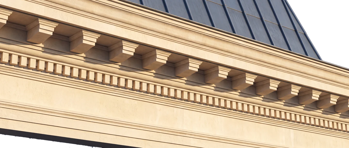 Corniche haussmannienne à modillons sculptés — rendu architectural AD Gestion
