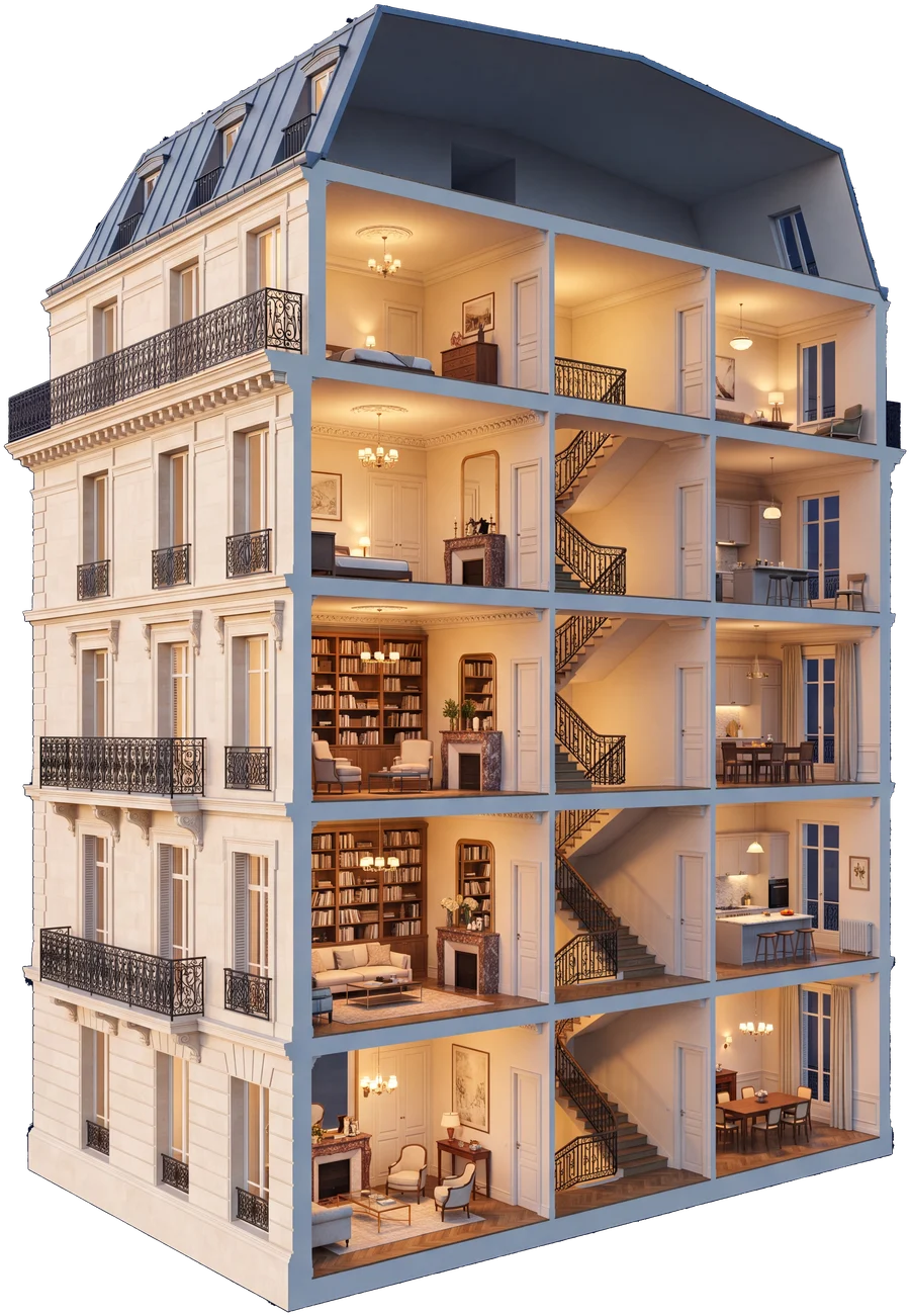Immeuble haussmannien en coupe ouverte révélant ses appartements habités et éclairés — rendu architectural AD Gestion
