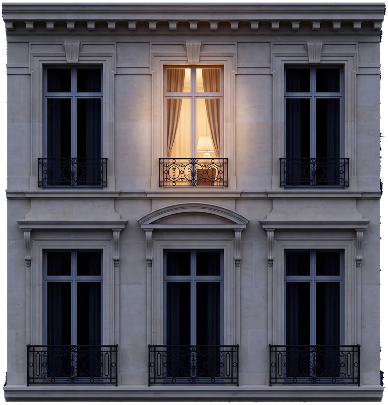 Façade haussmannienne dont une fenêtre s'illumine — un locataire vient d'emménager