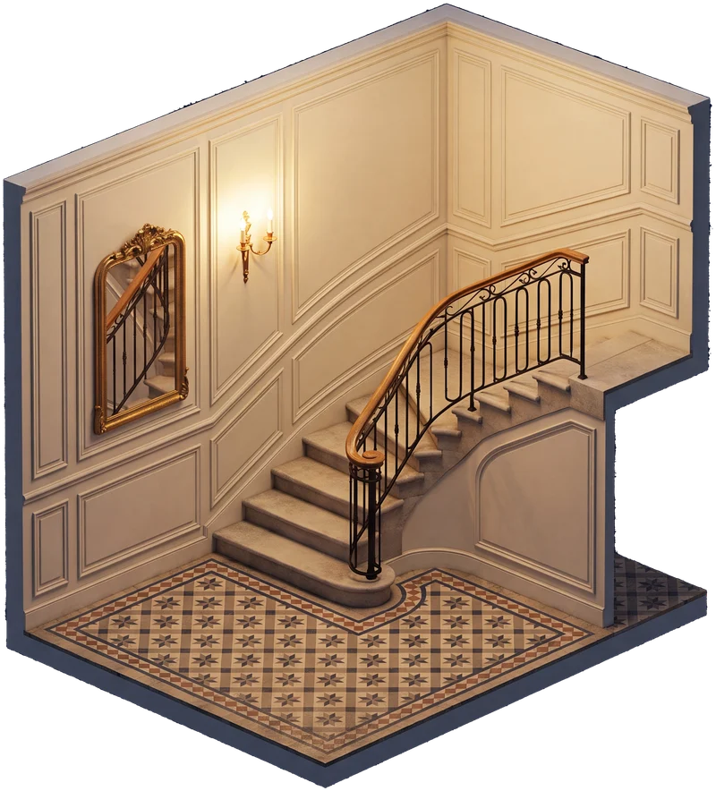 Hall d'entrée haussmannien en coupe — carrelage ancien, escalier de pierre et applique dorée