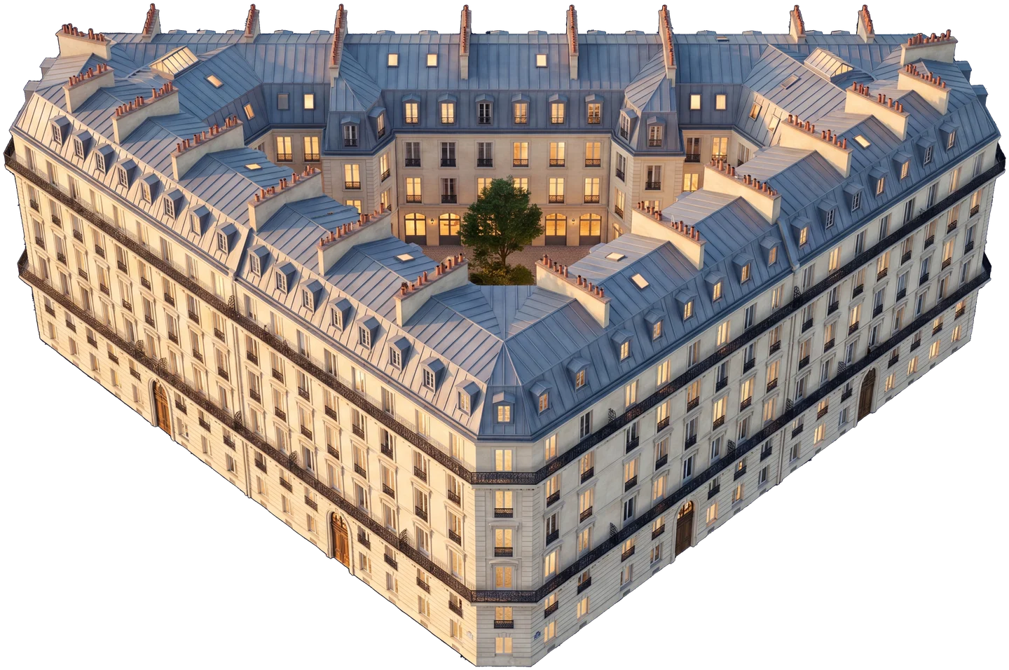Îlot haussmannien complet vu du ciel avec sa cour intérieure arborée — rendu architectural AD Gestion