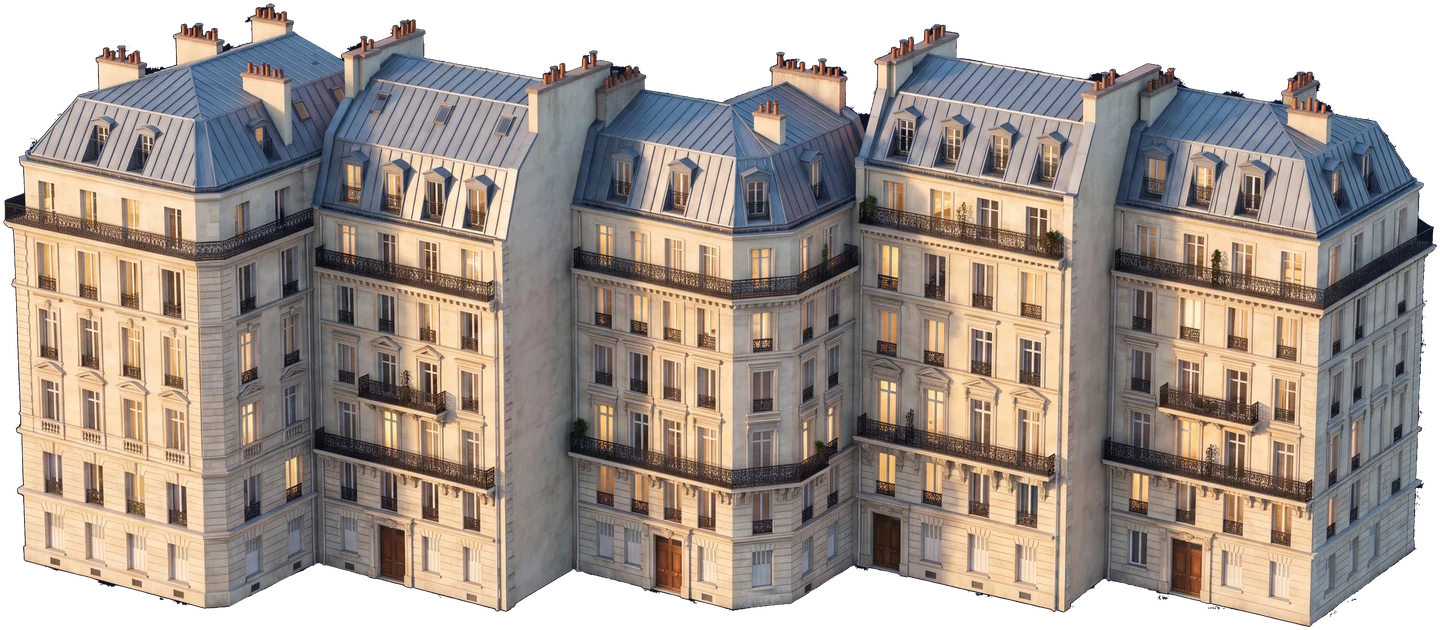 Cinq immeubles haussmanniens alignés en maquette — le portefeuille administré par AD Gestion