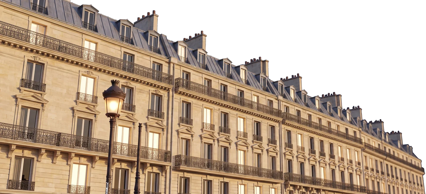 Façades haussmanniennes en enfilade au crépuscule — rendu architectural AD Gestion