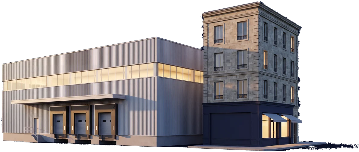 Entrepôt logistique et immeuble de commerce en pierre — rendu architectural du patrimoine tertiaire administré