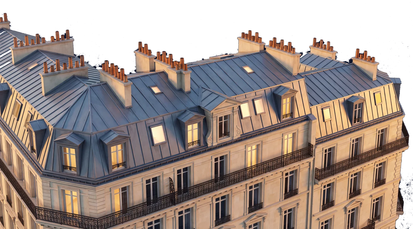 Toits en zinc et cheminées d'immeubles parisiens — rendu architectural AD Gestion