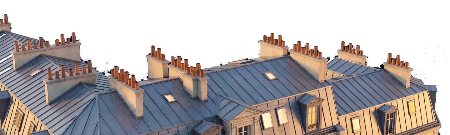 Toits en zinc et cheminées d'immeubles haussmanniens — rendu architectural AD Gestion