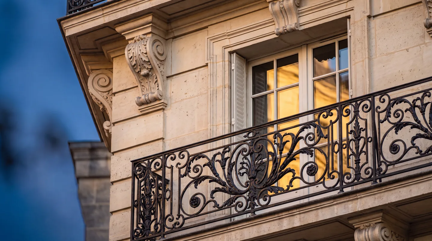 Balcon haussmannien en fer forgé et fenêtre éclairée à la tombée du jour